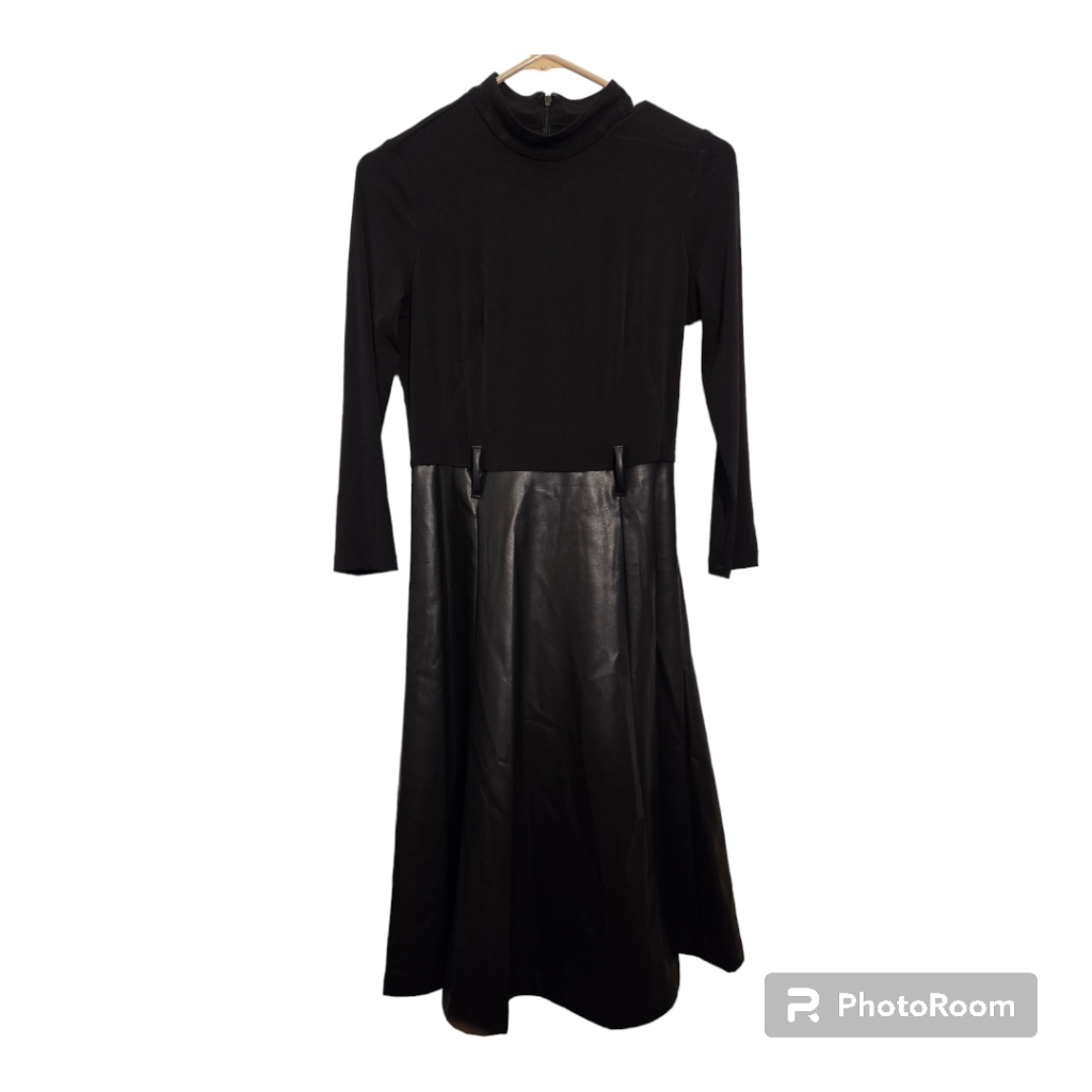 Calvin Klein Long Black Sleeved Turtle Neck Dress With Vegan Leather Skirt Sz 2
